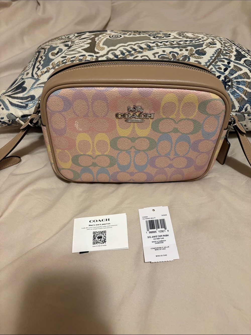 COACH Pastel Multicolor Signature Camera Bag with Tan Trim